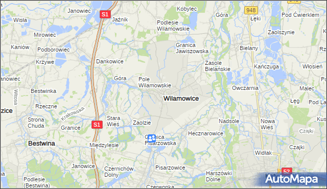 mapa Wilamowice powiat bielski, Wilamowice powiat bielski na mapie Targeo