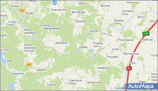 mapa Zawały gmina Bełchatów, Zawały gmina Bełchatów na mapie Targeo