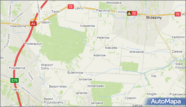 mapa Adamów gmina Brzeziny, Adamów gmina Brzeziny na mapie Targeo
