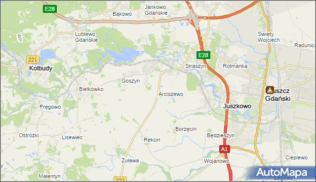 mapa Arciszewo gmina Pruszcz Gdański, Arciszewo gmina Pruszcz Gdański na mapie Targeo