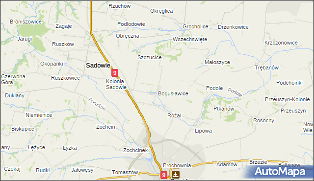 mapa Bogusławice gmina Sadowie, Bogusławice gmina Sadowie na mapie Targeo