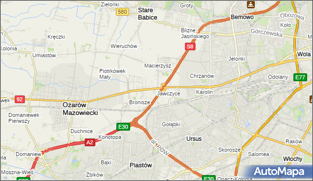 mapa Jawczyce gmina Ożarów Mazowiecki, Jawczyce gmina Ożarów Mazowiecki na mapie Targeo