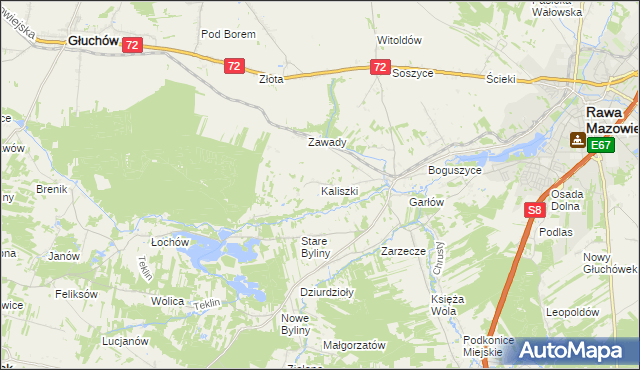 mapa Kaliszki gmina Rawa Mazowiecka, Kaliszki gmina Rawa Mazowiecka na mapie Targeo