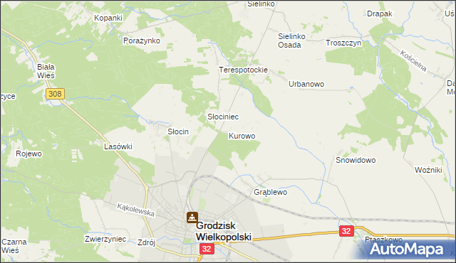 mapa Kurowo gmina Grodzisk Wielkopolski, Kurowo gmina Grodzisk Wielkopolski na mapie Targeo