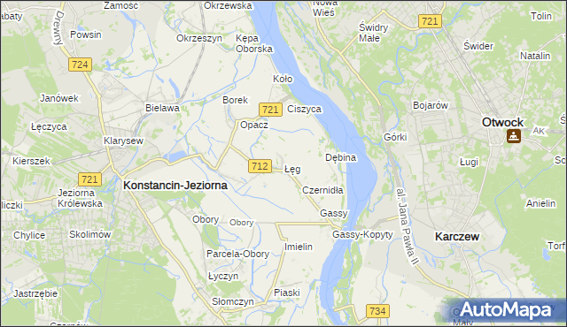 mapa Łęg gmina Konstancin-Jeziorna, Łęg gmina Konstancin-Jeziorna na mapie Targeo