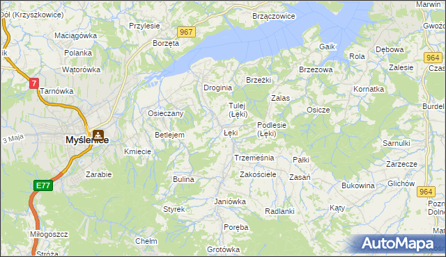 mapa Łęki gmina Myślenice, Łęki gmina Myślenice na mapie Targeo