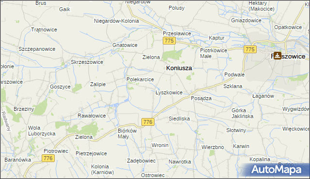 mapa Łyszkowice gmina Koniusza, Łyszkowice gmina Koniusza na mapie Targeo