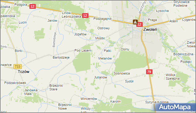 mapa Melanów gmina Zwoleń, Melanów gmina Zwoleń na mapie Targeo