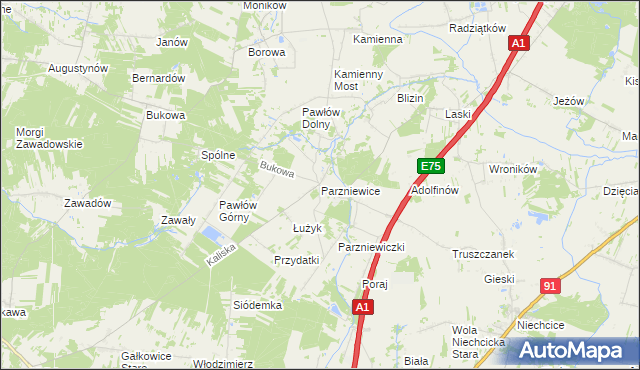 mapa Parzniewice, Parzniewice na mapie Targeo