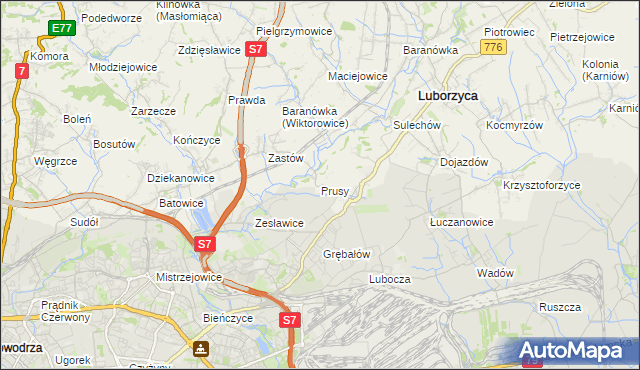 mapa Prusy gmina Kocmyrzów-Luborzyca, Prusy gmina Kocmyrzów-Luborzyca na mapie Targeo