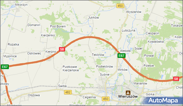 mapa Teklinów gmina Wieruszów, Teklinów gmina Wieruszów na mapie Targeo