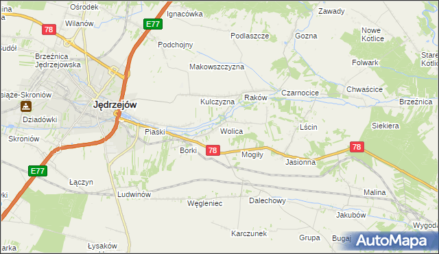 mapa Wolica gmina Jędrzejów, Wolica gmina Jędrzejów na mapie Targeo