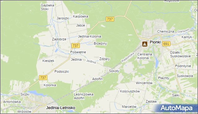 mapa Żdżary gmina Pionki, Żdżary gmina Pionki na mapie Targeo