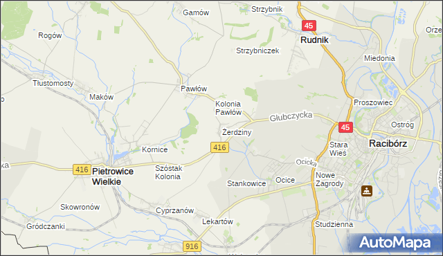 mapa Żerdziny gmina Pietrowice Wielkie, Żerdziny gmina Pietrowice Wielkie na mapie Targeo
