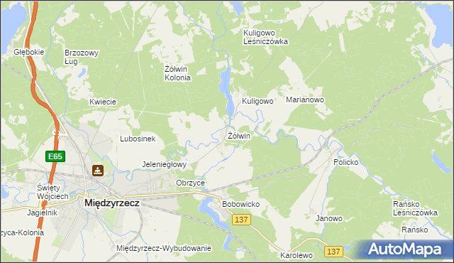 mapa Żółwin gmina Międzyrzecz, Żółwin gmina Międzyrzecz na mapie Targeo