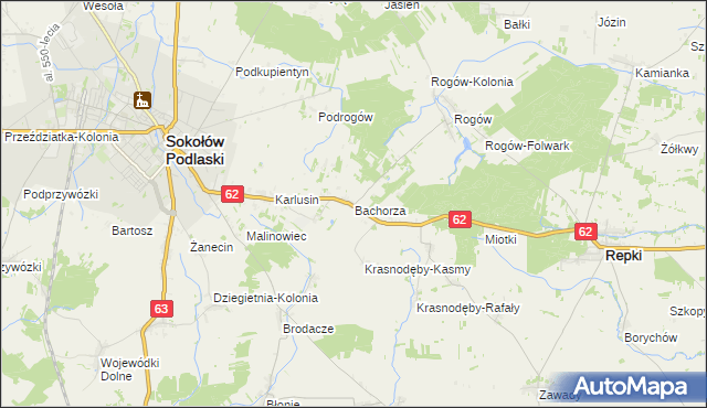 mapa Bachorza gmina Sokołów Podlaski, Bachorza gmina Sokołów Podlaski na mapie Targeo