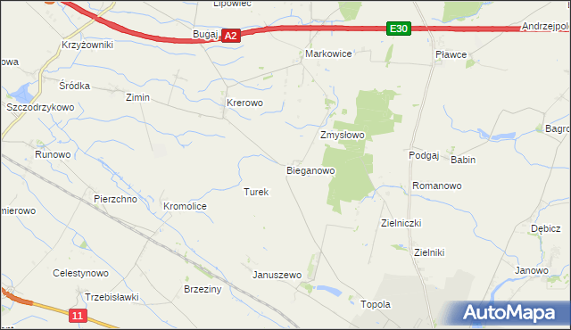 mapa Bieganowo gmina Środa Wielkopolska, Bieganowo gmina Środa Wielkopolska na mapie Targeo