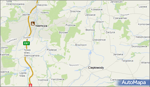 mapa Brochocin gmina Ciepłowody, Brochocin gmina Ciepłowody na mapie Targeo