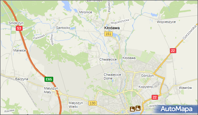 mapa Chwalęcice gmina Kłodawa, Chwalęcice gmina Kłodawa na mapie Targeo