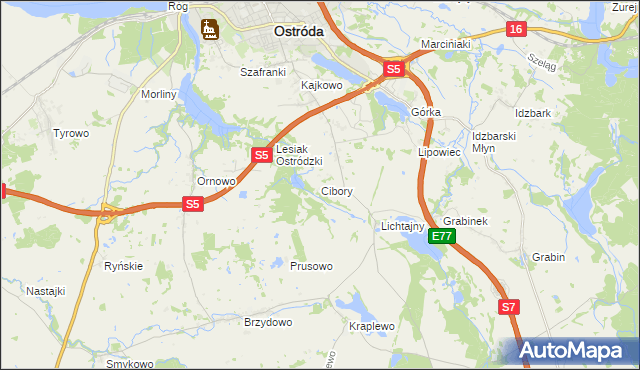 mapa Cibory gmina Ostróda, Cibory gmina Ostróda na mapie Targeo