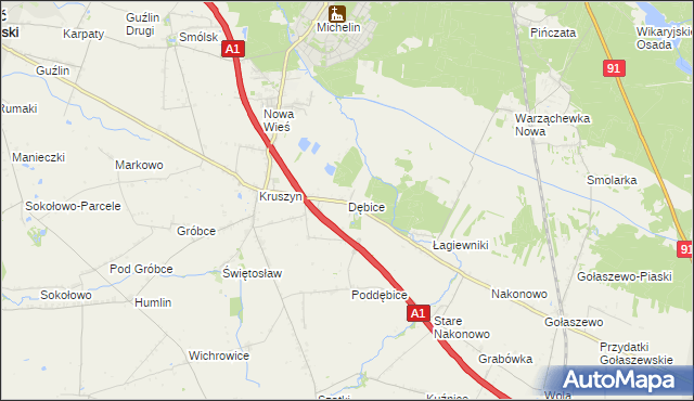 mapa Dębice gmina Włocławek, Dębice gmina Włocławek na mapie Targeo