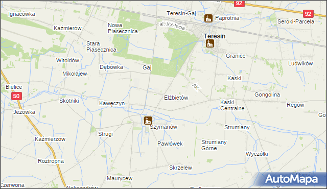 mapa Elżbietów gmina Teresin, Elżbietów gmina Teresin na mapie Targeo