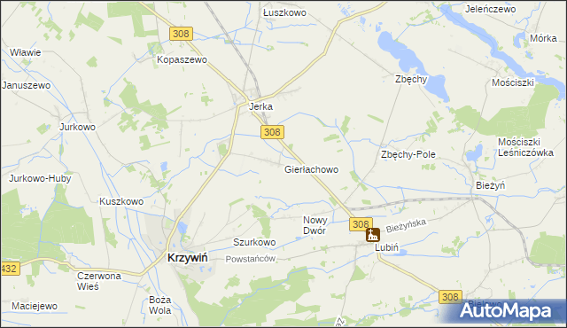 mapa Gierłachowo gmina Krzywiń, Gierłachowo gmina Krzywiń na mapie Targeo