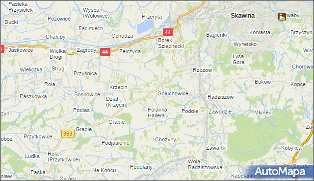mapa Gołuchowice gmina Skawina, Gołuchowice gmina Skawina na mapie Targeo