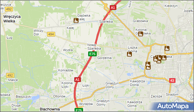 mapa Gorzelnia gmina Blachownia, Gorzelnia gmina Blachownia na mapie Targeo