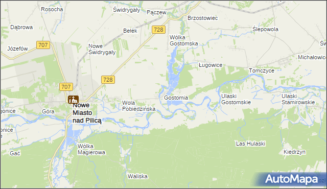 mapa Gostomia gmina Nowe Miasto nad Pilicą, Gostomia gmina Nowe Miasto nad Pilicą na mapie Targeo