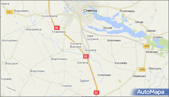 mapa Grzywna gmina Chełmża, Grzywna gmina Chełmża na mapie Targeo