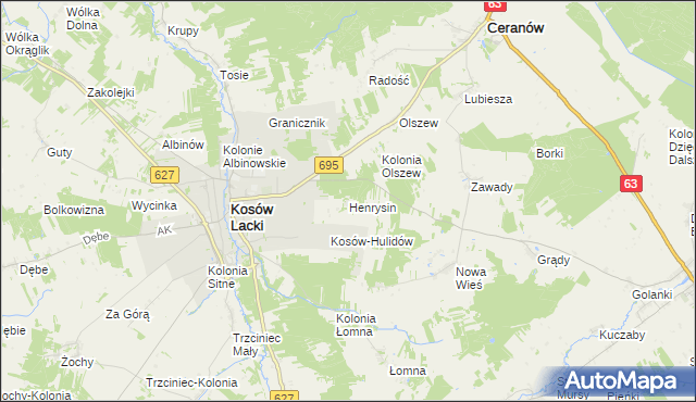 mapa Henrysin gmina Kosów Lacki, Henrysin gmina Kosów Lacki na mapie Targeo