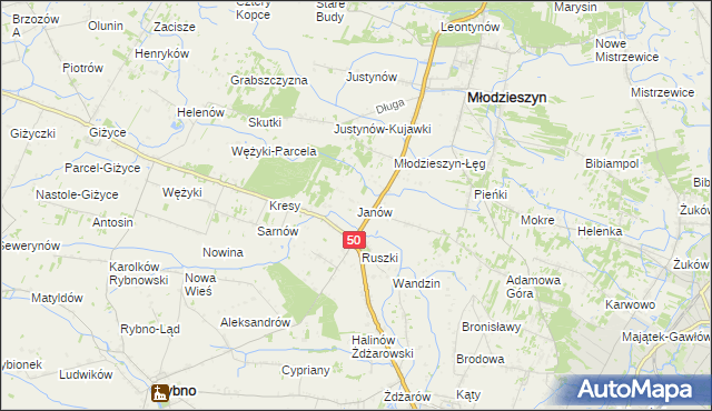 mapa Janów gmina Młodzieszyn, Janów gmina Młodzieszyn na mapie Targeo