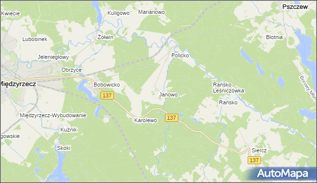 mapa Janowo gmina Pszczew, Janowo gmina Pszczew na mapie Targeo