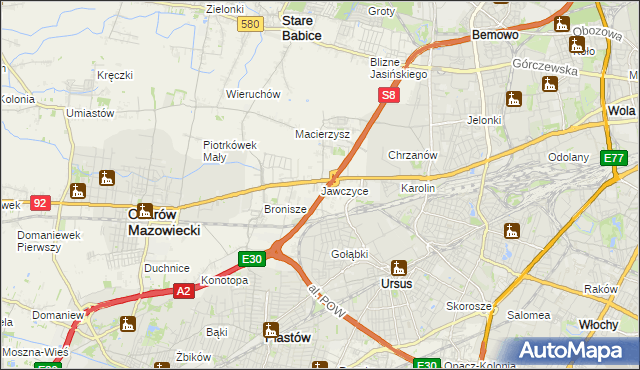 mapa Jawczyce gmina Ożarów Mazowiecki, Jawczyce gmina Ożarów Mazowiecki na mapie Targeo