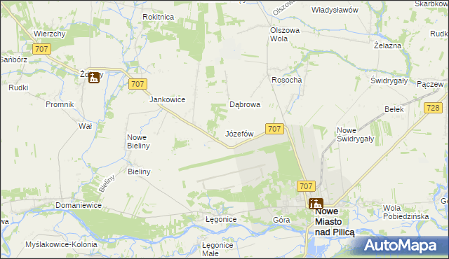 mapa Józefów gmina Nowe Miasto nad Pilicą, Józefów gmina Nowe Miasto nad Pilicą na mapie Targeo
