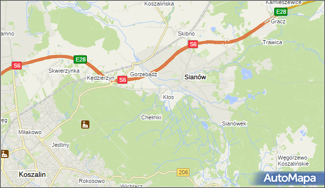 mapa Kłos gmina Sianów, Kłos gmina Sianów na mapie Targeo