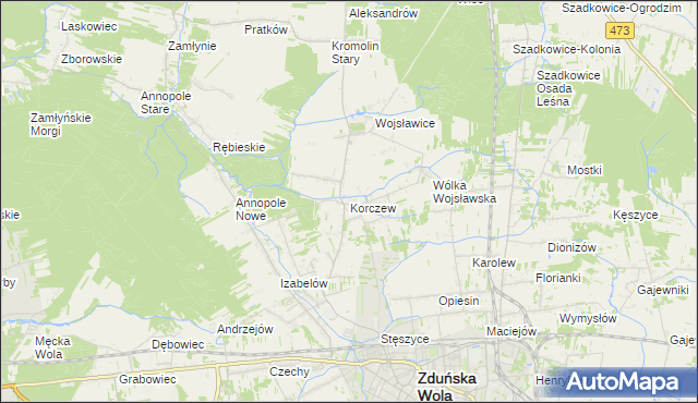 mapa Korczew gmina Zduńska Wola, Korczew gmina Zduńska Wola na mapie Targeo