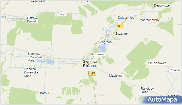 mapa Kozieniec gmina Siennica Różana, Kozieniec gmina Siennica Różana na mapie Targeo