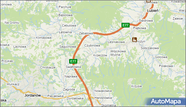 mapa Krzeczów gmina Lubień, Krzeczów gmina Lubień na mapie Targeo