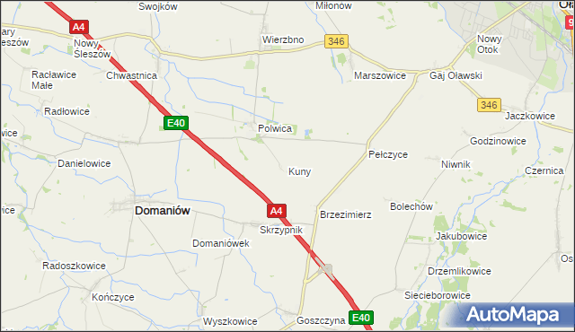 mapa Kuny gmina Domaniów, Kuny gmina Domaniów na mapie Targeo