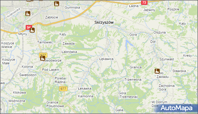 mapa Łękawica gmina Skrzyszów, Łękawica gmina Skrzyszów na mapie Targeo