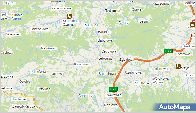 mapa Łętownia gmina Jordanów, Łętownia gmina Jordanów na mapie Targeo