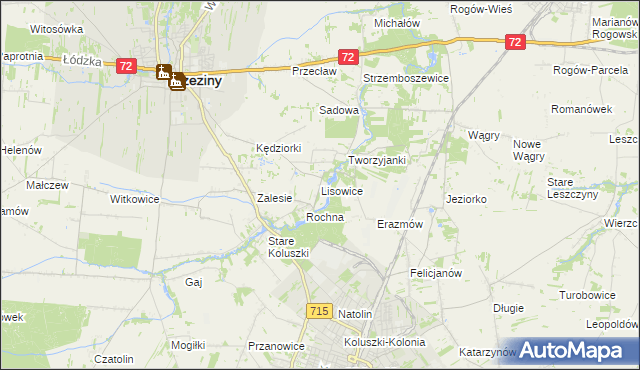 mapa Lisowice gmina Koluszki, Lisowice gmina Koluszki na mapie Targeo