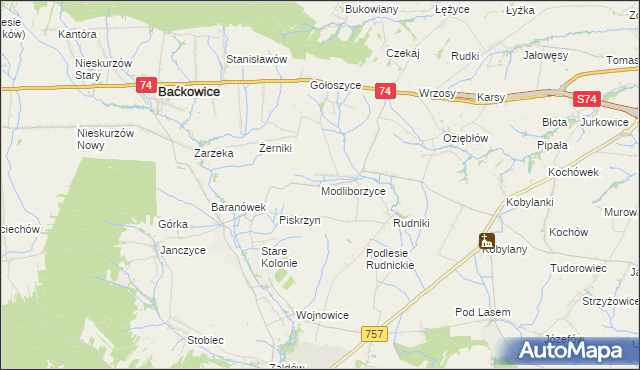 mapa Modliborzyce gmina Baćkowice, Modliborzyce gmina Baćkowice na mapie Targeo