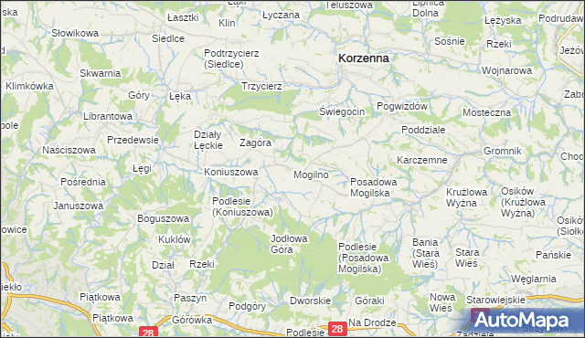 mapa Mogilno gmina Korzenna, Mogilno gmina Korzenna na mapie Targeo