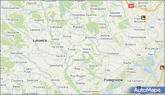 mapa Mokra Wieś gmina Podegrodzie, Mokra Wieś gmina Podegrodzie na mapie Targeo