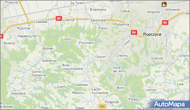 mapa Okonin gmina Ropczyce, Okonin gmina Ropczyce na mapie Targeo