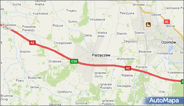 mapa Parzęczew powiat zgierski, Parzęczew powiat zgierski na mapie Targeo