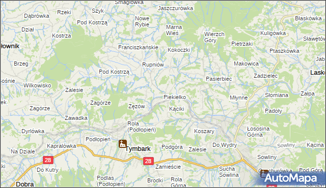 mapa Piekiełko gmina Tymbark, Piekiełko gmina Tymbark na mapie Targeo
